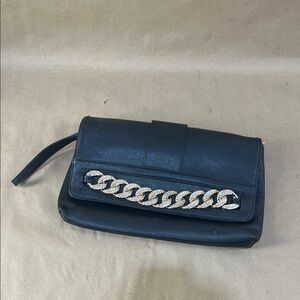 Elegant Black Faux Leather Clutch with Silver Chain